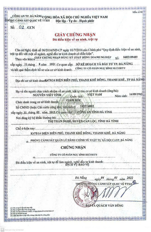 Chứng nhận, chứng chỉ - Dịch Vụ Bảo Vệ Ngự Bình Hà Tĩnh - Công Ty Cổ Phần Dịch Vụ Bảo Vệ Ngự Bình Hà Tĩnh